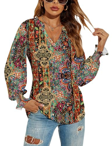 Romanstii Casual Blouse for Women White Long Sleeve Henley Neck Tops,Ethnic Print,L