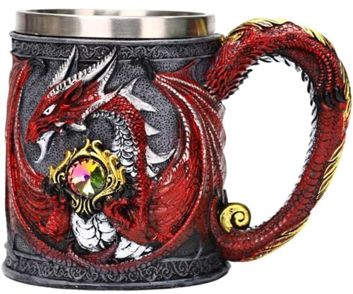ZONSUSE Tasse Dragon Gothique, Chope en Acier Inoxydable Dragon, avec Poignée en Queue de Ptérosaure, Mug Café en Pierres Précieuses Dragons Médiévaux, Cadeau D'anniversaire Original 450 ml (Rouge)