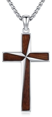 REDSUN Holzkreuz Kette S925er Sterling Silber Großes Kreuz Anhänger Ebenholz Schutzamulett Halskette Schmuck für Männer Herren Frauen 22+2'' Edelstahlkette
