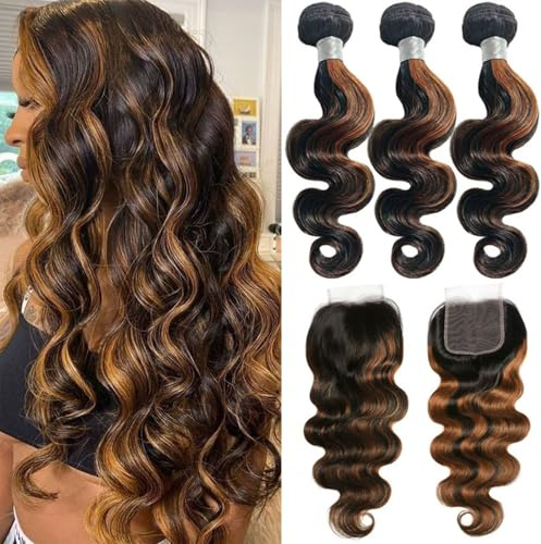 FUIBEJAE #P1b/30 Cabello Humano Suelto Onda 3 Paquetes con Cierre de Encaje Brasileño Virgen Cabello Humano Suelto Onda Profunda Paquetes de Cabello para Mujeres Negras,14 16 18+14closure