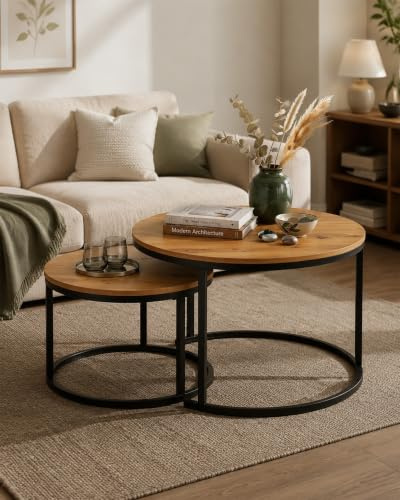 Ginhow Couchtisch Rund Holz Beistelltisch Couch 2er Set 70cm Coffee Table | Wohnzimmertisch Rund Holz mit schwarzem Metallrahmen Couchtisch 70 x 70 mit natürlichen Holztrukturen