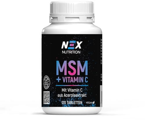 NEX MSM 2000 mg Tagesbedarf I Mit Vitamin C aus Acerola I Methylsulfonylmethan hochdosiert I Organischer Schwefel I Für normale Kollagenbildung & Immunsystem I Vegan I 120 Tabletten