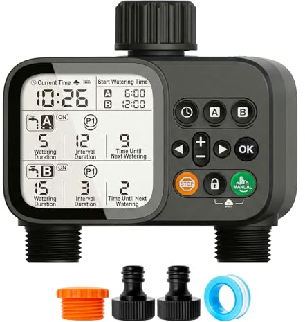 Ordinateur d'irrigation à 2 sorties avec écran, minuterie étanche IP54 pour jardin et extérieur