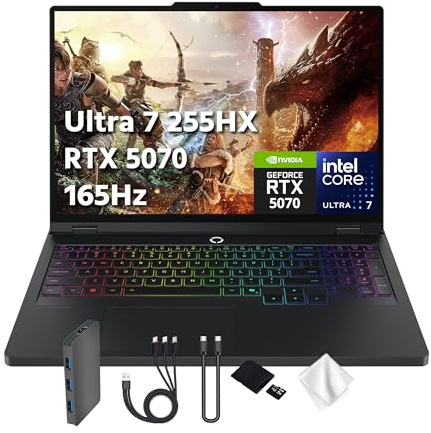 Lenovo Legion Pro 5i 16 pulgadas WQXGA 165Hz OLED AI Powered Gaming Laptop, Intel 20-Core Ultra7 255HX, GeForce RTX 5070 8GB GDDR7, 16GB RAM, 1TB PCIe SSD, retroiluminado, Win 11 Pro, negro, estación