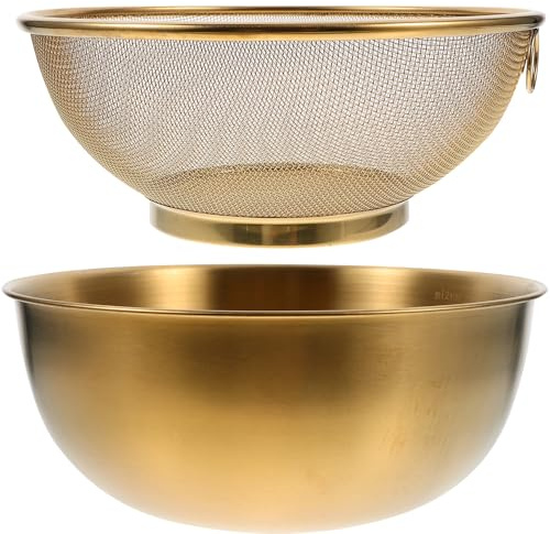 FOMIYES Set Scolapasta Dorati in Acciaio Inox 2 Pezzi Colino a Maglie Fini e Ciotola per Lavaggio Riso e Frutta Utensili Cucina