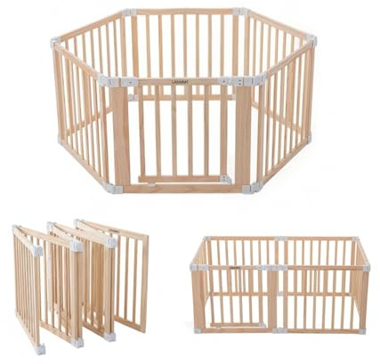 Baby Laufstall aus Naturholz 172x86 cm mit Tür und Rutschfesten Saugnäpfen