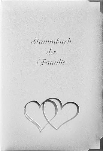 SAMONA Stammbuch der Familie Hochzeit – Hochwertiges Familienstammbuch Leder Weiß mit Silberprägung Herzen – 6-Ring Mechanik für Urkunden 13x20 cm – Stammbuch für Heiratsurkunde & Dokumente