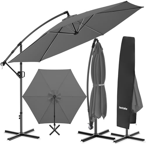 TecTake® Ampelschirm, Ø 350 cm, wetterfest, 360° drehbar, mit Kurbelmechanismus, Doppeldach und Schutzhülle, Freiarmschirm, Seitenschirm, Hängeschirm, Sonnenschirm, Parasol - grau