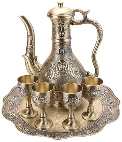 jojofuny Service à Thé Vintage avec Carafe à Vin en Alliage de Zinc, Gobelets Élégants et Plateau, Design Antique Or, Facile à Nettoyer, pour Table et Bar Professionnel