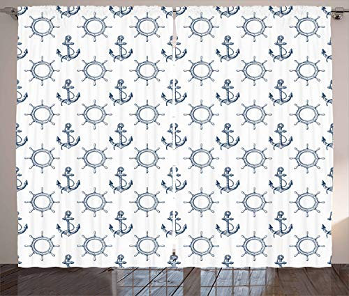 ABAKUHAUS Anker Rustikaler Vorhang, Retro maritimes Design, Wohnzimmer Universalband Gardinen mit Schlaufen und Haken, 280 x 225 cm, Marineblau Weiß