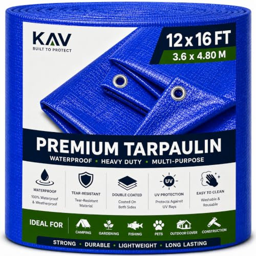 KAV - 3.6m x 4.80m (12x16 FT) Blue Strong Waterproof Universal Tarpaulin Tarp sheet in - Ground Sheet Covers For Camping Fishing Gardening Pets Premium Quality Cover Made of 80 gram