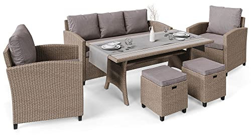 di volio Polyrattan Sitzgruppe Genova - Lounge Set für Garten und Terrasse mit Sofa, 2 Sesseln, 2 Hockern & Tisch - Gartenmöbel-Set in schöner Rattan-Optik (Beige)