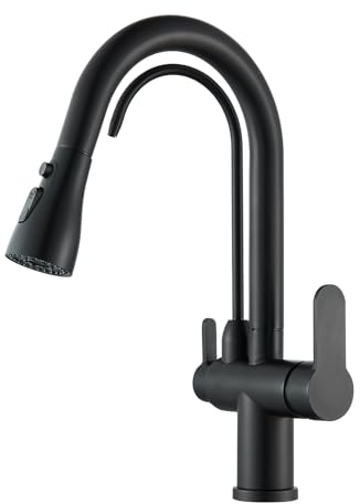 JUNSHENG Rubinetto Cucina 3 Vie Rubinetto Lavello Cucina Con Filtro Per L'acqua Acqua Rubinetto da Cucina 3 in 1 Con Doccetta Estraibile,Colore Nero, Oro…