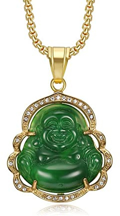 HMOOY Lucky Laughing Buddha, Halskette Buddha aus grüner Jade, Halskette mit Buddha-Anhänger aus kubischem Zirkonia, mit 18 Karat vergoldeter Kette, Feng Shui Amulett für Damen und Herren