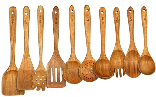 Natural Acacia Wooden Utensils Set - 10 Pack, Wooden Spoons, Spatula Set