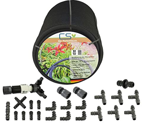 CS Perlschlauch Profi 50m mit Zubehör Set für die Gartenbewässerung/Flächenbewässerung/Rasenbewässerung mit bis zu 70% Wasserersparnis bei unterirdischer Verlegung