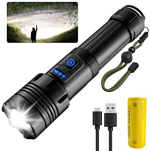 Aufladbare LED Taschenlampe - 20000 Lumen, 5 Modi, Batteriebetrieben, Zoombar für Outdoor & Camping (26650 Akku)