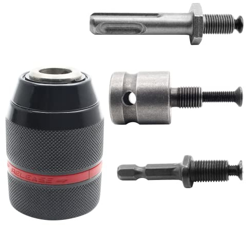 Jiozermi Portabrocas de metal sin llave de 13 mm, con vástago SDS-Plus, vástago hexagonal de 1/4 pulgadas, adaptador de llave de impacto de 1/2 pulgada
