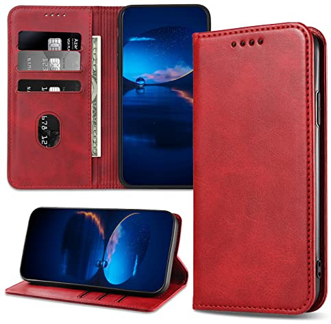 DENDICO Hülle für iPhone 12 Mini, PU Leder Handyhülle, Stoßfeste Klapphülle Schutzhülle Kompatibel mit iPhone 12 Mini, Rot