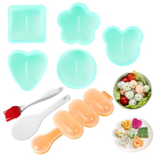 MLRYH Onigiri Maker, 8 Pcs Sushi Onigiri Musubi Maker Kit - Rice Ball Mold with Small Rice Paddle, Brush for Kitchen (Green)