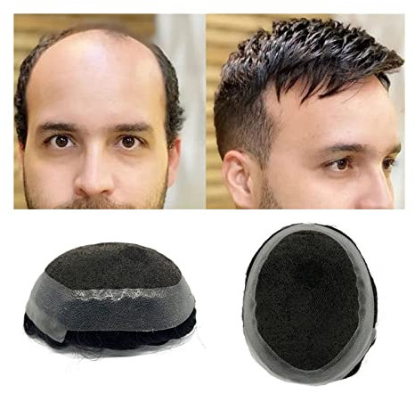 Männer Perücke Toupet Mono-Spitze mit PU-Umlauf und französischer Spitze vorne, Herren-Toupet, 25,4 x 20,3 cm, indisches Haarersatz-Haarteil for Männer, Farbe Nr. 1B Schwarz Perücke Mann (Color : 130