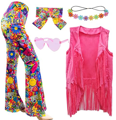 XonyiCos 6 Stück 60er 70er Jahre Hippie Kostüm Disco Outfits Fransenweste Boho Schlaghosen Frieden Zubehör Set Halloween für Frauen Karnevalskostüm (Frieden Liebe, 3XL)