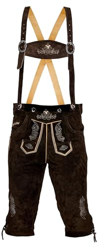 Bavarian Knee-Length Lederhosen for Men - Designed in Germany - Genuine Leather Pants with H-Style Suspenders, Color: Dark Brown, US Size: 44