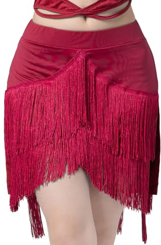 AIEOE Gonna da donna con nappe, latina, gonna da danza, salsa, samba, sala da ballo, tango, danza del ventre, sexy, taglia M, rosso