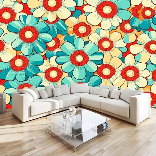 Générique Papier Peint Fleurs Rétro Et Hippies 3D Panoramique Murale Salon 200x140 cm Papier Peint intissé pour Chambre Salon Personnalisé Décoration Murale