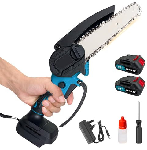 6 Inch Cordless Mini Chainsaw with 2x18V 3.0Ah Batteries&1 Charger, 2 Chains,1x Oil Bottle,1 Guide Plate,1 Screwdriver&Goggles- Tool-Free Installation Design,Oiler System,Chain Saw for Branch Pruning