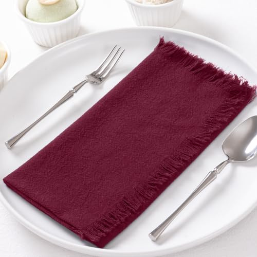 DeZerlor Confezione da 12 tovaglioli estivi in lino e cotone bordeaux con frange, set di 12 tovaglioli bohémien fatti a mano, per matrimoni, feste di baby shower, 43 x 43 cm