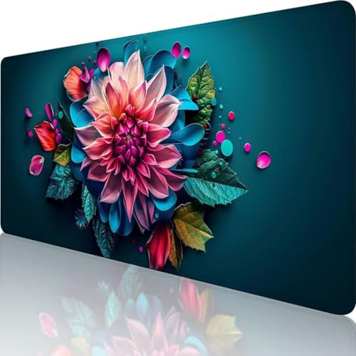 Blau Mauspad XXL 600 x 300, Erweiterte Groß Mousepad Blume, Wasserfest Schreibtischunterlage Vernähte Kanten Design, Mouse Pad mit rutschfeste Gummibasis für Pc Büro Deko, Geschenke für Frauen 5-R