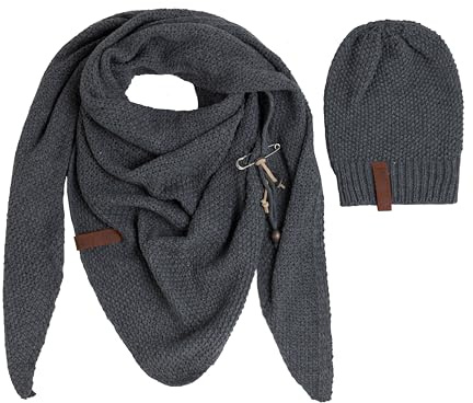 KNIT FACTORY - Damen Winter Set - Coco Dreiecksschal & Coco Mütze - Winterschal und Wintermütze - Strickschal mit Strickmütze - Gefertigt aus 30% Wolle und 70% Polyacryl