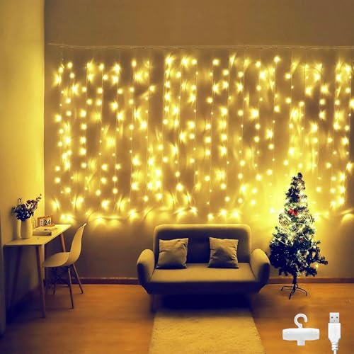 Bigzom Lichterketten Vorhang 2x1m 100LEDs, lichterkette innen USB lichtervorhang innen mit 10 Haken IP65 für Schlafzimmer Party