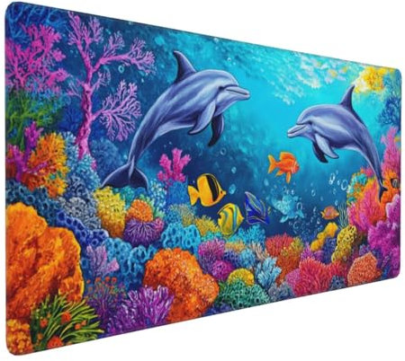 Gaming Mauspad XXL Delphin Mousepad 1000x500x4mm Unterwasserwelt Verlängertes Mauspad Schreibtischauflage,Genähte Kanten Mauspad,Verbessert Präzision Geschwindigkeit Wasserdicht Geeignet Büro Decor