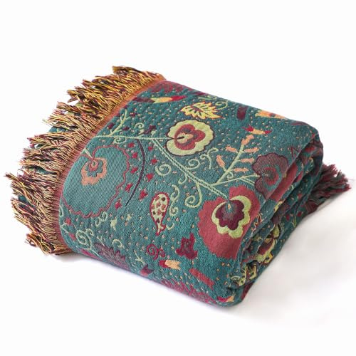 Wotcsil Cotton Bed Throw Blanket Double-sided Boho Throw Floral Leaf Patterned Sofa Throw Blanket Large Boho Bed Throw Bohemian Bedspread with Tassels for Sofa Bed Armchair, Dark Green, 230x250cm