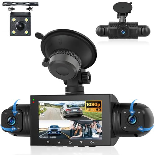 Hodozzy Dashcam Voiture 360°, 4 Caméras Avant Arrière Intérieur Gauche Droite, 1080P, 8 LEDs Vision Nuit IR, Écran Tactile IPS 3, Enregistrement en Boucle, Capteur G, Vision Nocturne Dash Cam Voiture