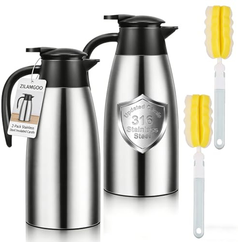 2 Pcs 60 OZ Insulated Coffee Carafe – Thermal Stainless Steel Carafe for Hot Liquids | Double Wall Coffee Thermos Dispenser with Cleaning Brushes – Keep 12H Hot & 24H Cold