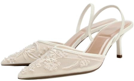 Donne Embroidered Mesh Cinturino sul retrò Heels - Thin Heels Appuntito Elastico Strap Elegant Festa & Dress Scarpe per Donne Le Signore Ragazze Bianco Numero 39