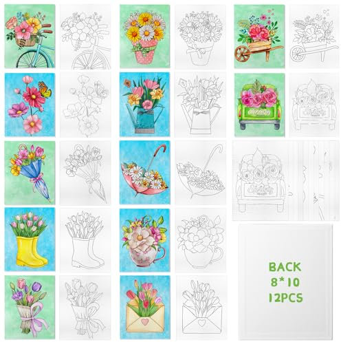 Pre Drawn Canvas to Paint 8x10 Inch, 12 Pack Pre-Printed Artist Paintings Canvaes Board for Acrylic, Oil Paint & Media, Art Supplies for Hobby Painters, Kids, Beginners (Spring Flowers)
