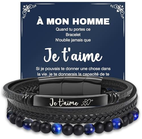 Meleager Bracelet Homme, Idee Cadeau Homme, Bracelet Personnalisé avec Je t'aime, Cadeau Amoureux Homme pour Anniversaire, Saint Valentin, Noël, Mariage (Noir + Bleu)