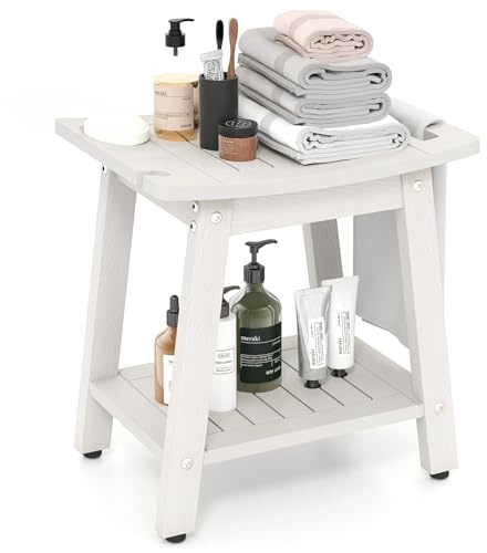 HOMFME HIPS Shower Bench, 2-Tier Spa Curved Shower Seat with Storage Shelf, Shower Head and Soap Holder, Bathtub Chair Bathroom Stool for Elderly Disabled Adults (White, 41x32x 44cm)