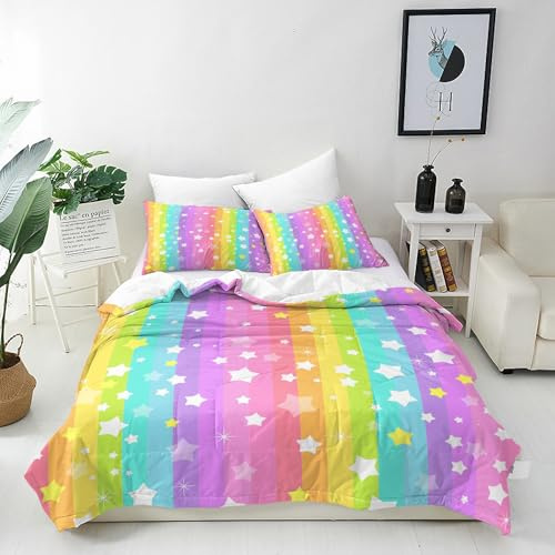 ANHOPE Bunt Regenbogen Linie Sterne Bettwäsche Set Weich Microfaser Bettbezüge mit Reißverschluss 2 Teilig Bettbezug 135x200 cm & Kissenbezug 80x80 cm Bettdeckenbezug Set für Kinder Mädchen