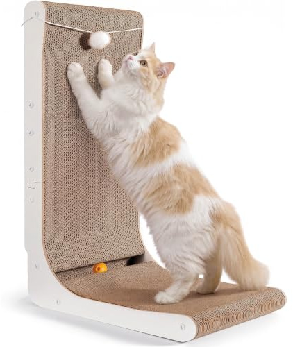 Gimars Hohe 68cm L förmige Kratzbrett Katze mit Ball, Vertikaler kratzpappe für Katzen, Langlebiges Katzenkratzbrett, Katzenspielzeug zum Schutz von Möbeln und Sofas, Groß