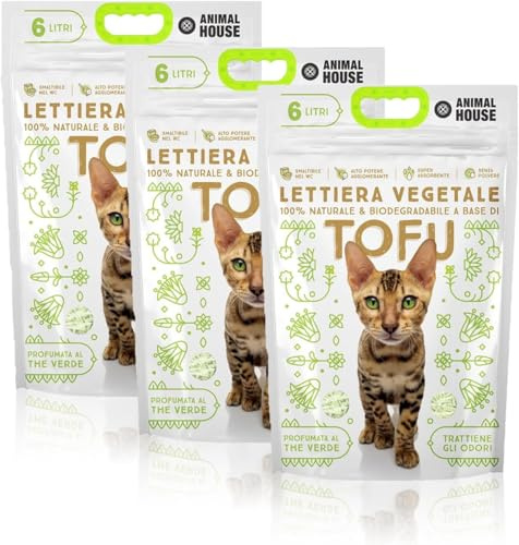 Animal House Arena Natural al Tofu, Segura para Humanos y Animales, no se Raya, Antipolvo, perfumada con té Verde, retiene los olores sin Molestar a los felinos, 2,6 kg (3 Bolsas)