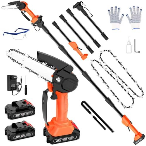 Cordless Pole Saw 7.55Ft/2.3M, 2 in 1 Electric High Branch Saw and Handheld Chainsaw with 150° Adjustable Head, Extendable Pole Chainsaw with 2*6in Electric Chain, 2 * 2000mAh Battery for Tree Pruning