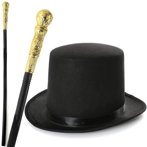 Adults Black Top Hat and Gold Cane Set – Fancy Dress Accessories for Halloween, Gothic, Victorian, Ringmaster or 1920s Themed Costumes