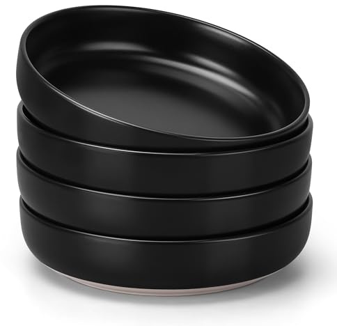 HaWare Pasta Bowls Set of 4, 33oz Large Salad Bowls for Home Kitchen, Ceramic Serving Plates for Soup, Cereal, Scratch-Resistant Wide Shallow Dinner Bowl, Microwave & Dishwasher Safe, Frosting Black