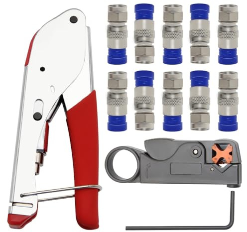 Harewtwy Kit de Crimpadora de Cable Coaxial para RG59 y RG6. Crimpadora y Pelacables con 10 Conectores F RG6.