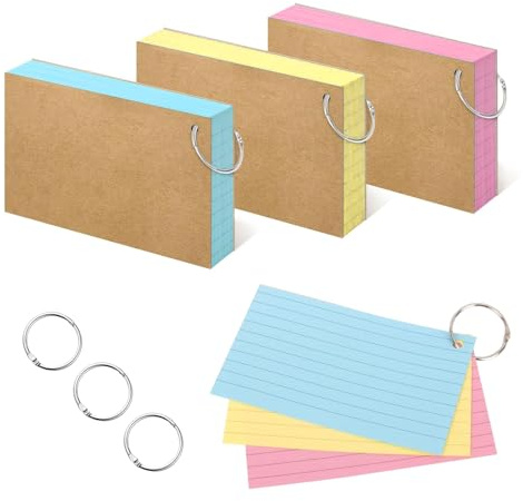 RUISPEED 150er Set Carte de Fiches 3x5 (7,6x12,7 cm), fiches lignée en 3 couleurs vives avec anneaux – idéal pour vocabulaire, formules, notes & cadeaux d'anniversaire enfant